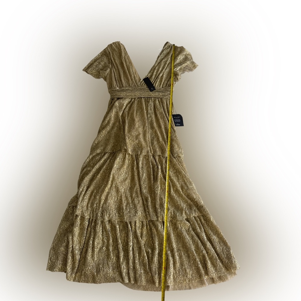 LULU’S NWT Gold Metallic Tiered Maxi Dress Plunge V Neck Flutter Sleeve Formal L - Picture 8 of 9